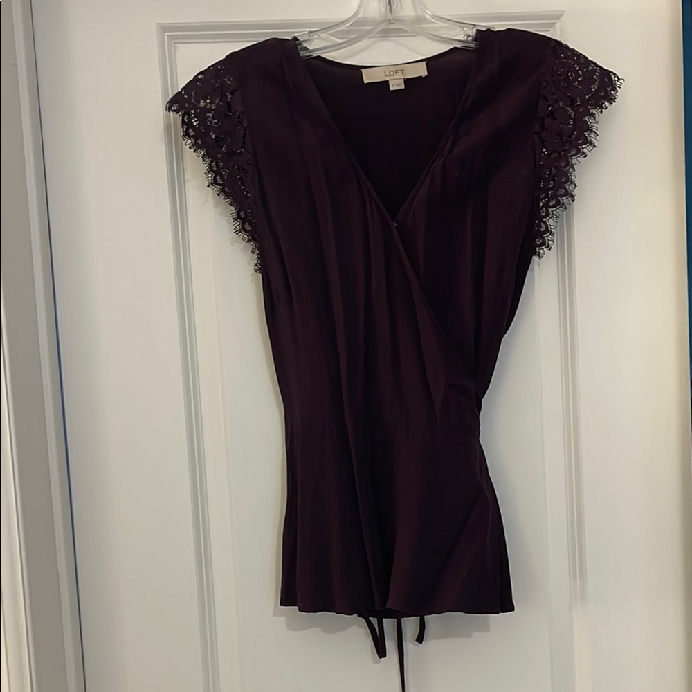 LOFT Black and Purple Wrap Tie Front Blouse
